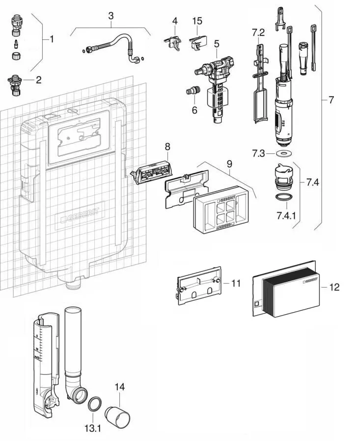 Ensemble des pièces détachées | Réservoir encastré Geberit Alpha 8 cm