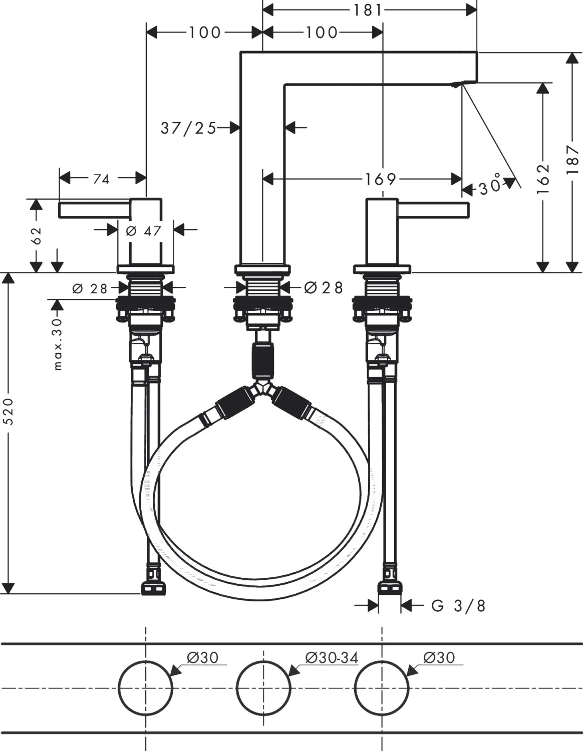 Mélangeur de lavabo 3 trous Hansgrohe Finoris 160 avec bonde push-open en noir mat — vue 4