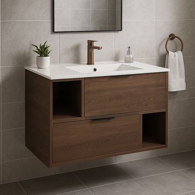 Meuble de salle de bains Spazio 100 cm à deux tiroirs et niches (sans vasque)