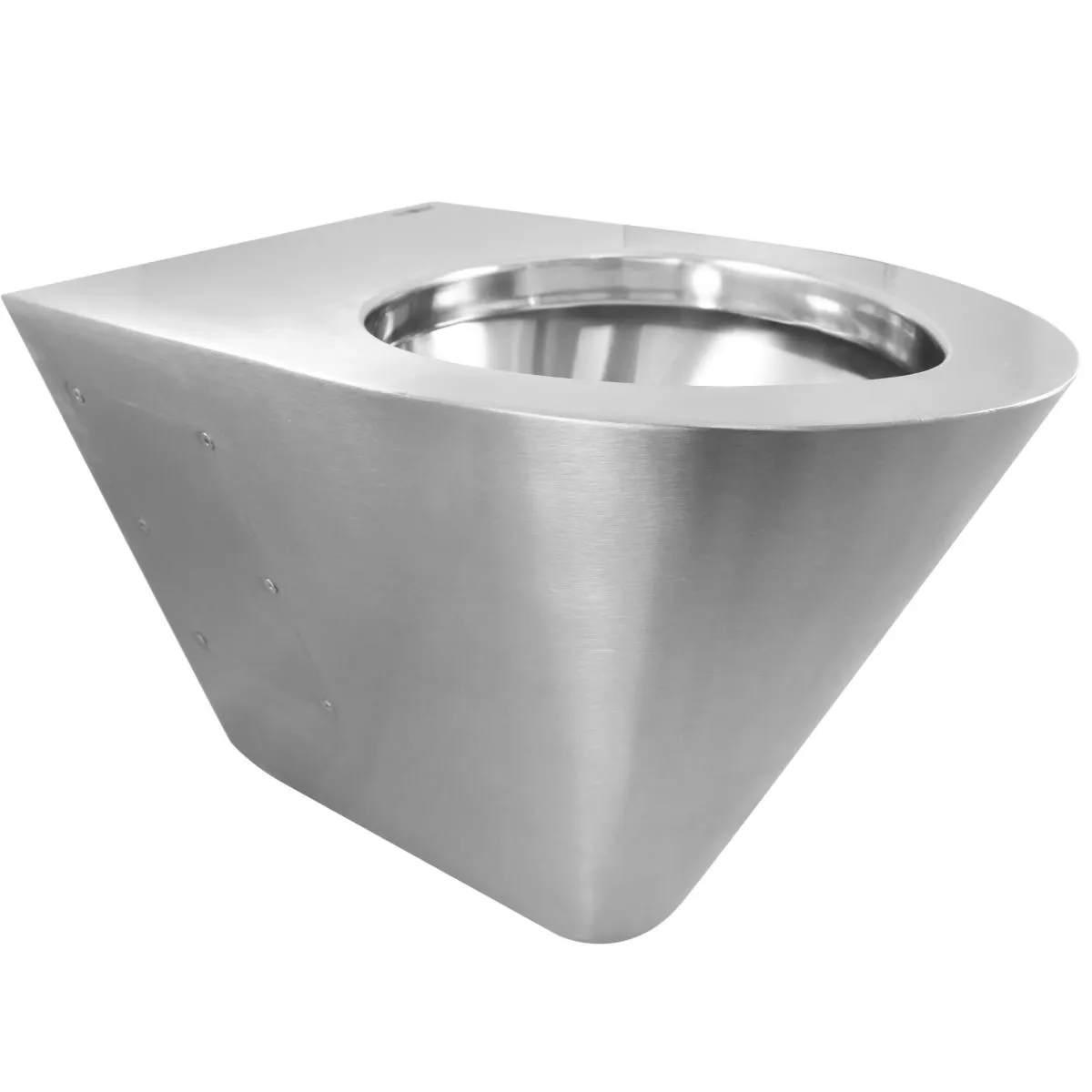 Cuvette suspendue anti-vandalisme Nofer, sortie horizontale, finition chromé satiné