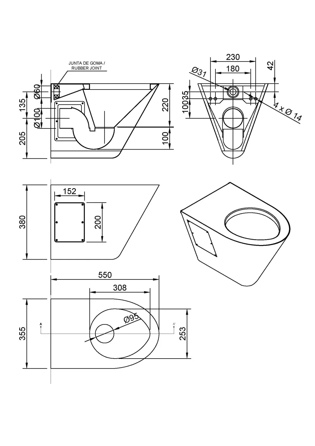 Dessin technique des toilettes Nofer résistantes au vandalisme, 35,5 x 55 cm, acier inoxydable, sortie horizontale, finition chrome satiné.