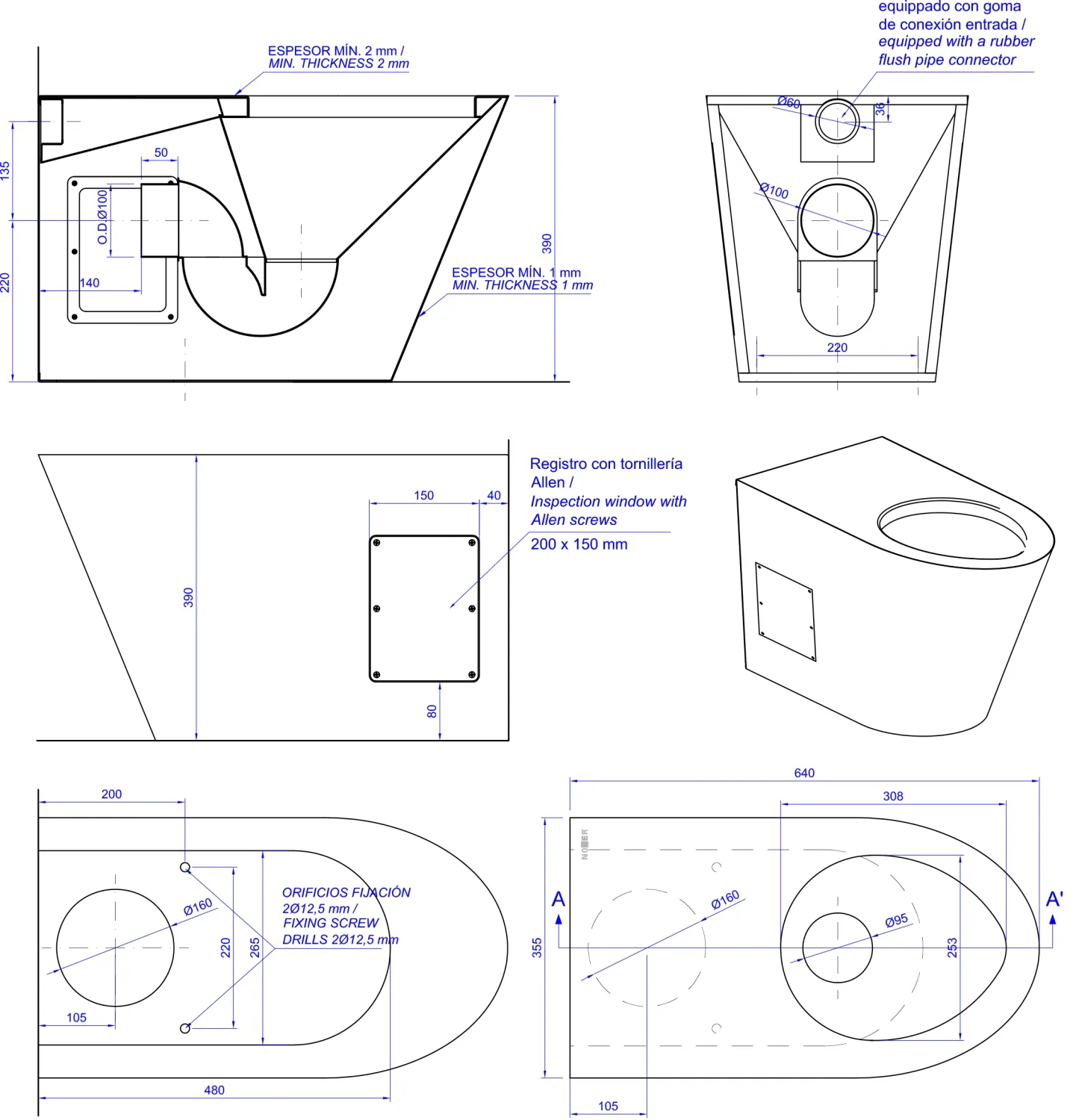 Dessin technique de la cuvette de toilettes antivandalisme Nofer avec dimensions et spécifications.