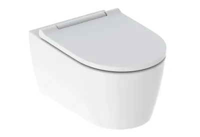 Pack cuvette suspendue Geberit One carénée TurboFlush avec fixations cachées et abattant à abaissement automatique déclipsable antibactérien blanc