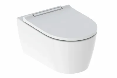 Pack cuvette suspendue Geberit One carénée TurboFlush KeraTect® avec fixations cachées et abattant à abaissement automatique déclipsable antibactérien chromé brillant