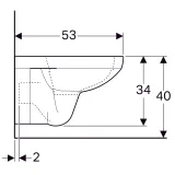 Cuvette de toilette Geberit Selnova Square Rimfree, 53 cm de large, 40 cm de profondeur, dimensions du dessin technique indiquées.