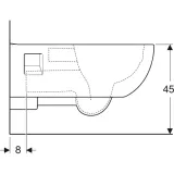 Dimensions des toilettes Geberit Selnova Comfort, hauteur 45 cm, largeur 8 cm, semi-carénée, design sans bride.