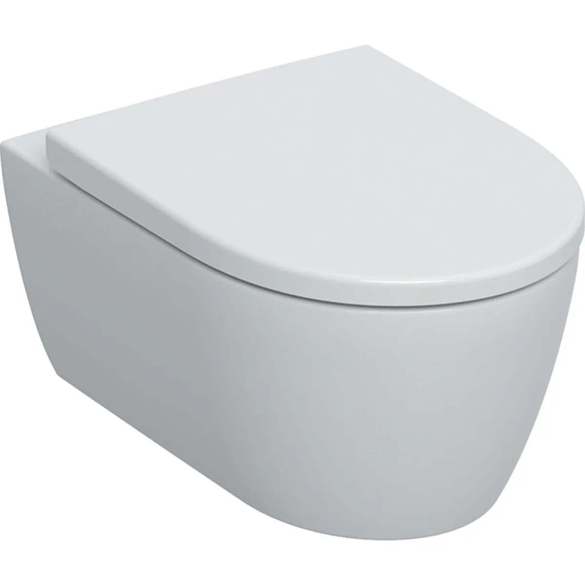 Pack cuvette suspendue Geberit icon carénée Rimfree en blanc mat avec fixations cachées et abattant antibactérien à abaissement automatique