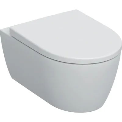 Pack cuvette suspendue Geberit icon carénée Rimfree en blanc mat avec fixations cachées et abattant antibactérien à abaissement automatique