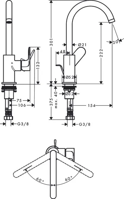 Mitigeur de lavabo Hansgrohe Rebris S 210 avec bec orientable, tirette et vidage — vue 2