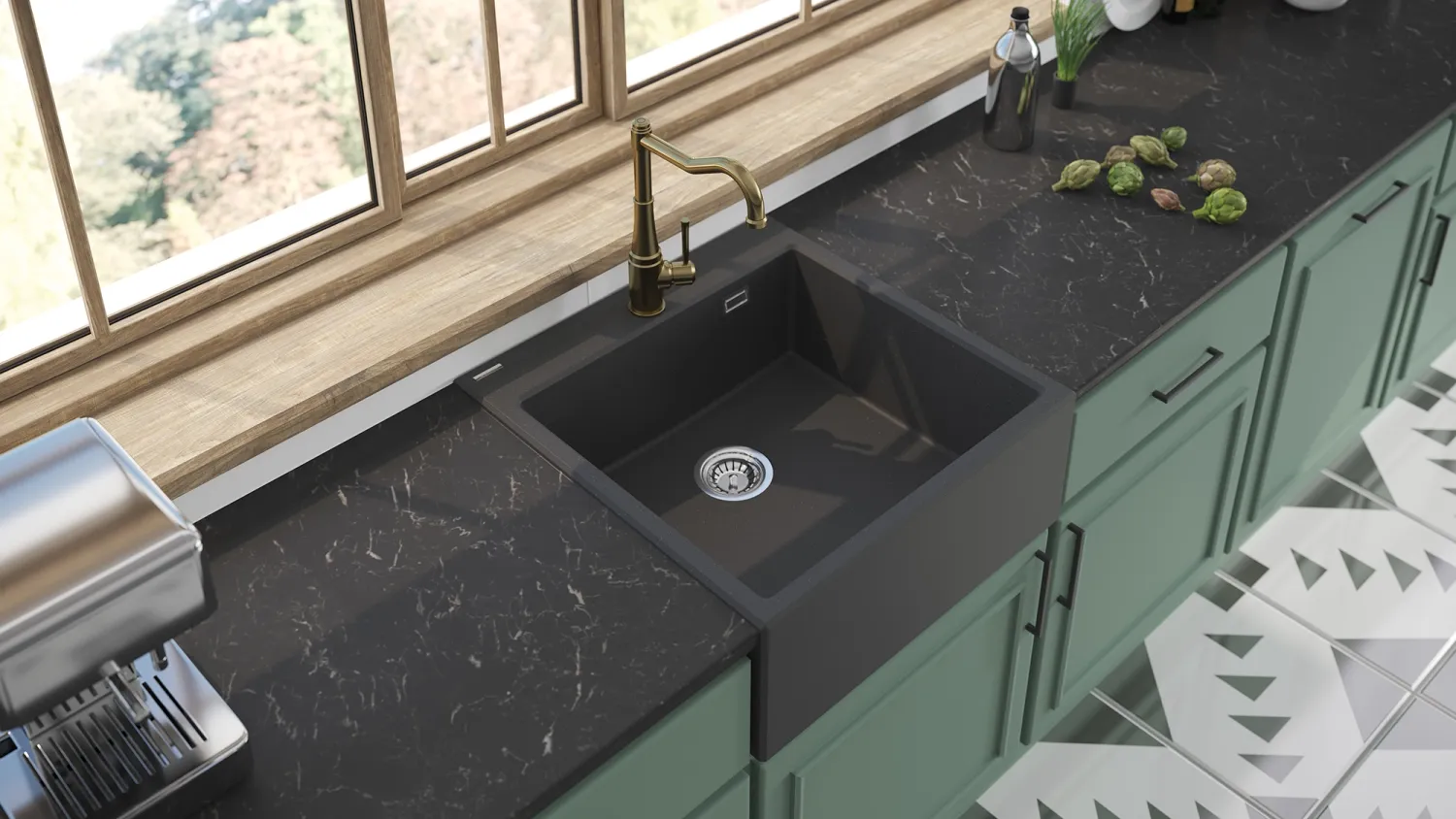 Évier de cuisine encastrable simple bac granit Deante Eridan 60 x 61 cm en anthracite métallisé avec vidage automatique télescopique gain de place — vue 3