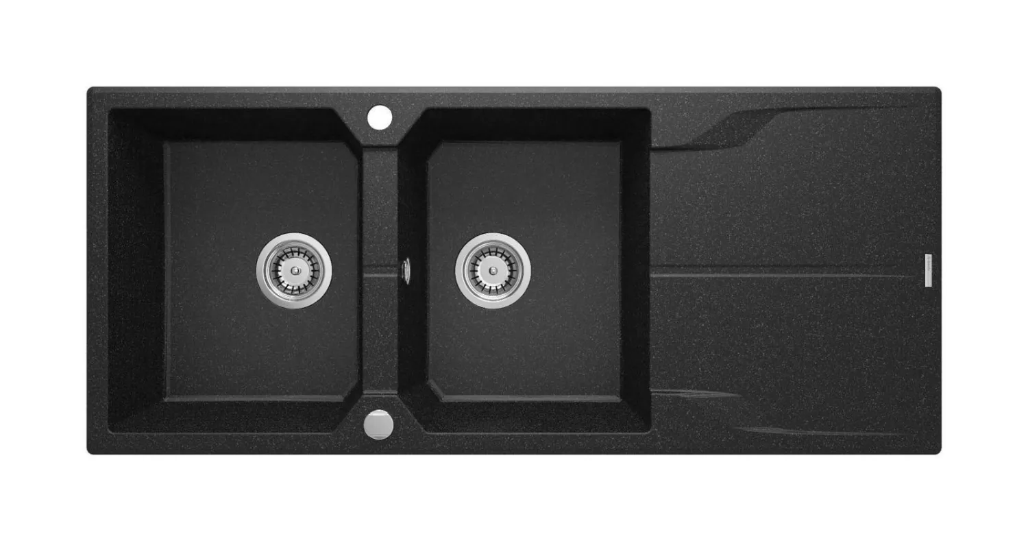 Deante Andante Granite Double Bowl Built-In Kitchen Sink 116 x 50 cm in Graphite with Space-Saving Telescopic Drainage