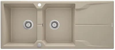 Deante Andante Granite Double Bowl Built-in Kitchen Sink 116 x 50 cm, Sand Finish with Space-Saving Telescopic Drainage