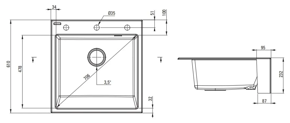 Évier de cuisine encastrable simple bac granit Deante Eridan 60 x 61 cm en noir mat avec vidage automatique télescopique gain de place — vue 4