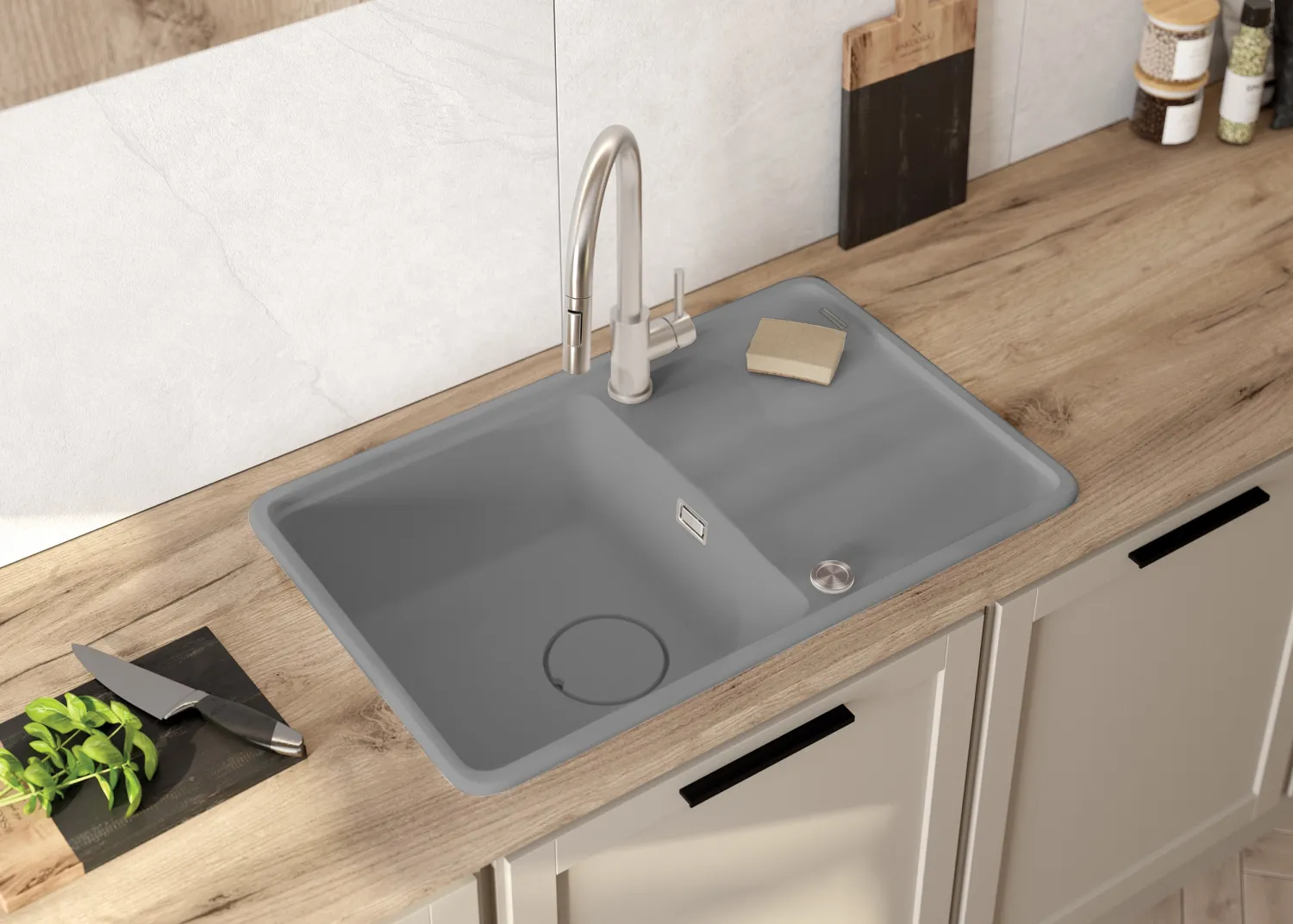 Built-in single-bowl kitchen sink with drainer, granite Deante Momi 78 x 50 cm in metallic gray with automatic drainage