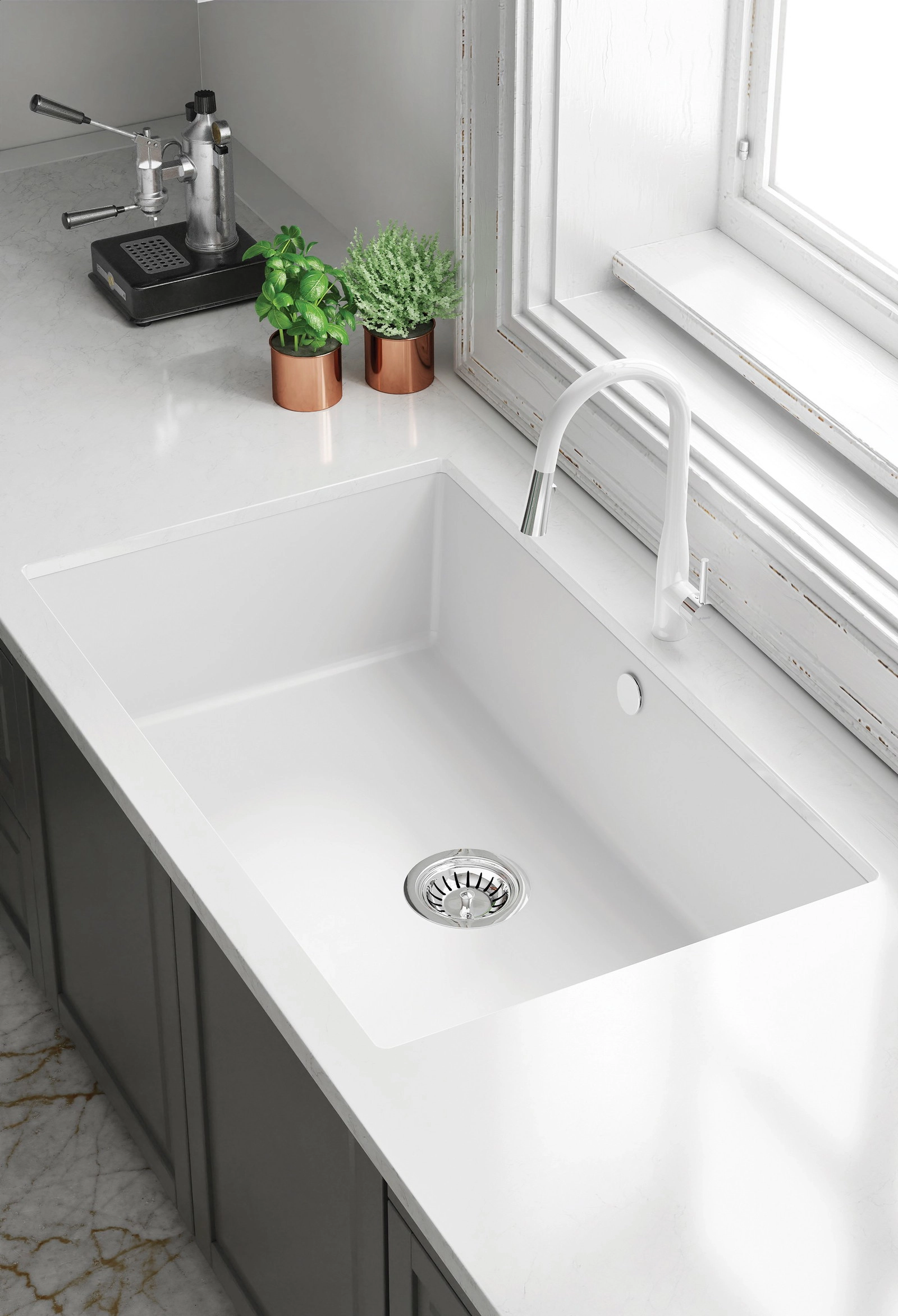 Évier de cuisine encastrable sous plan simple bac granit Deante Corda 80 x 50 cm en blanc alabaster avec vidage manuel - vue 2