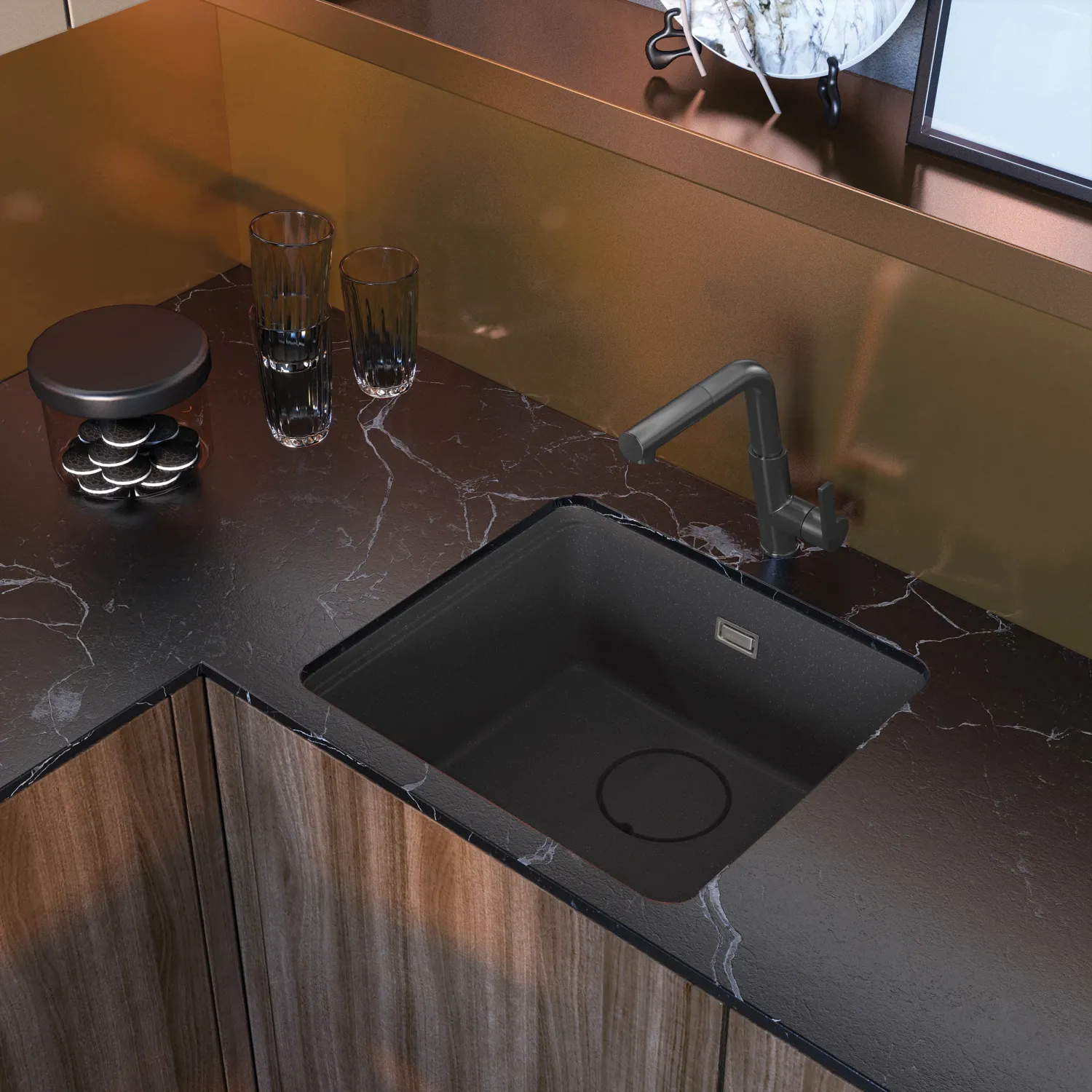 Évier de cuisine encastrable simple bac granit Deante Momi 50 x 45 cm en anthracite métallisé avec vidage manuel — vue 3