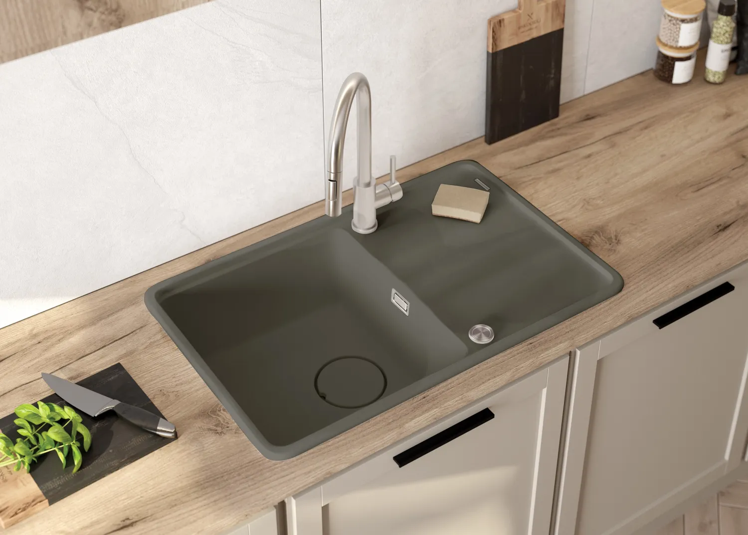 Built-in single bowl kitchen sink with drainer granite Deante Momi 78 x 50 cm in metallic anthracite with automatic drainage