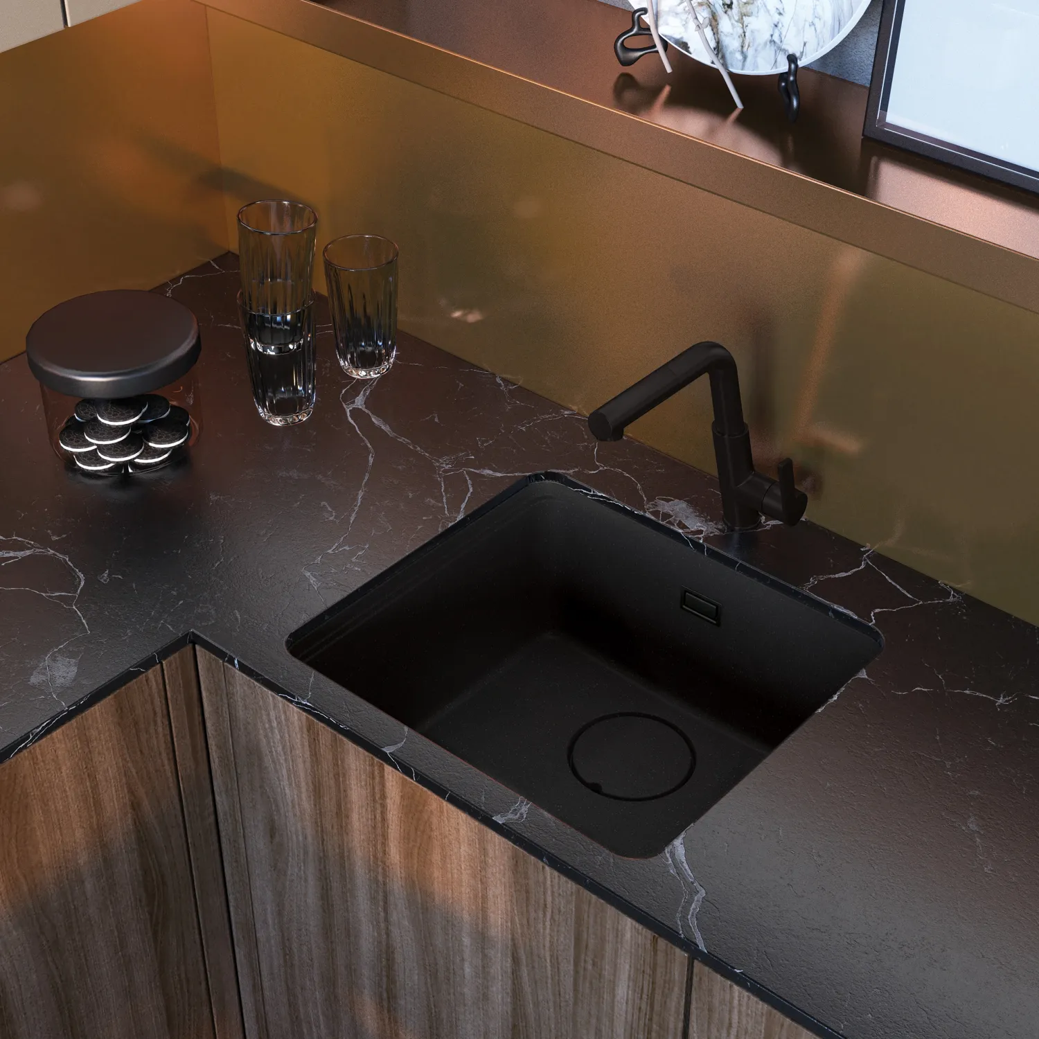 Évier de cuisine encastrable simple bac granit Deante Momi 50 x 45 cm en noir mat avec vidage manuel — vue 3