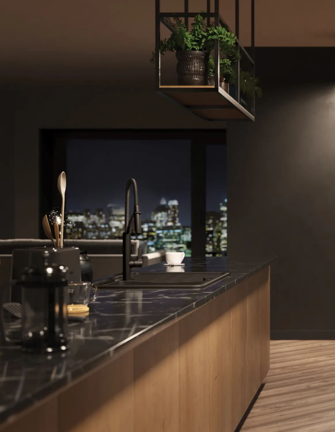 Évier de cuisine encastrable simple bac avec égouttoir granit Deante Momi 78 x 50 cm en noir mat avec vidage automatique télescopique gain de place — vue 3