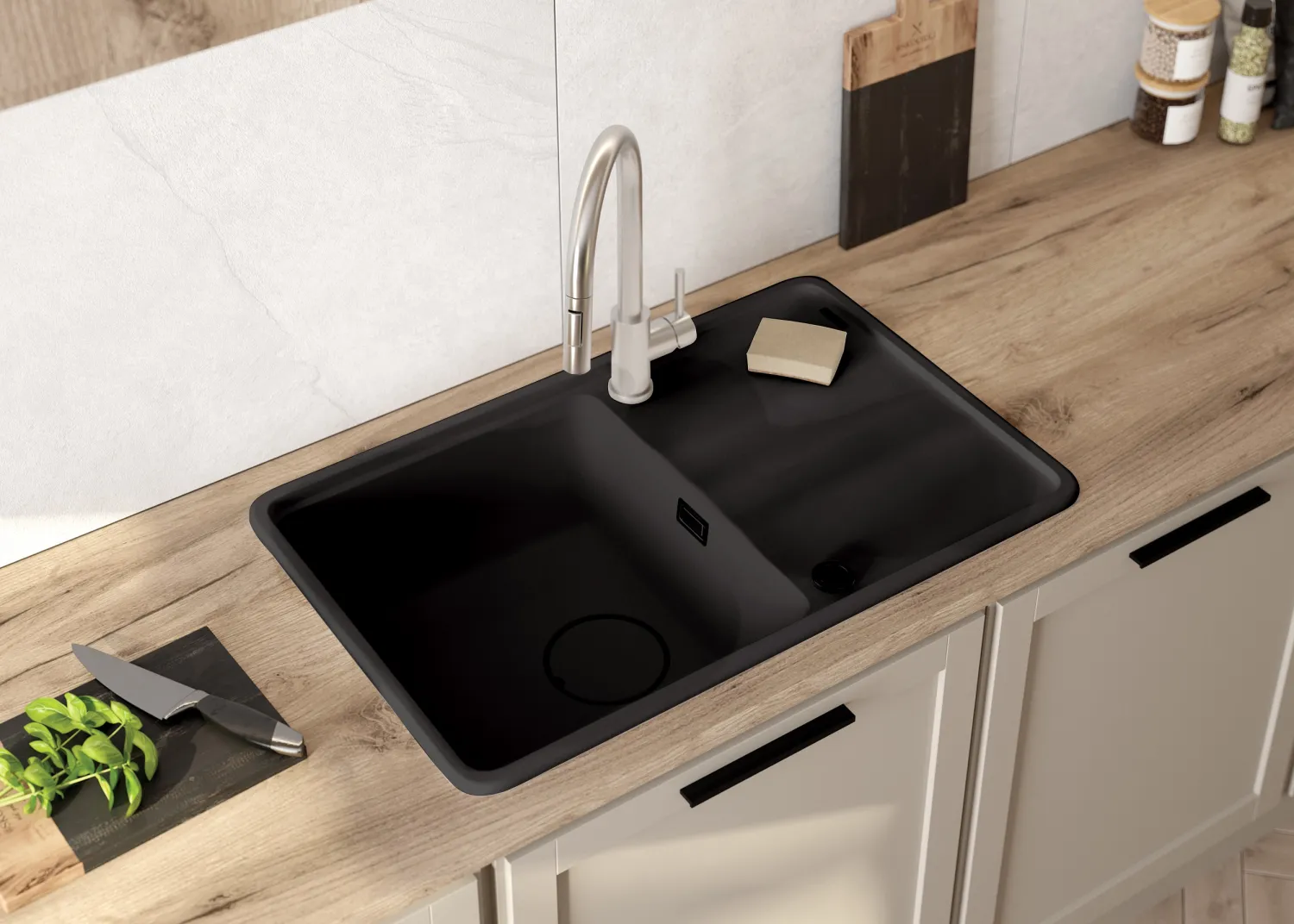 Built-in kitchen sink single bowl with drainer granite Deante Momi 78 x 50 cm in metallic graphite with automatic drainage
