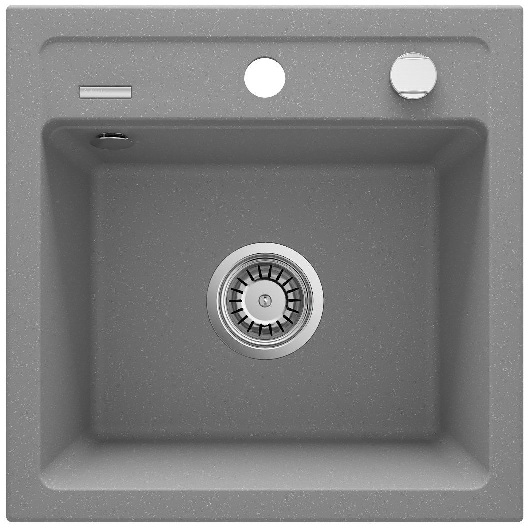 Deante Zorba 44 x 44 cm Metallic Gray Granite Single Bowl Undermount Kitchen Sink with Space-Saving Telescopic Drain