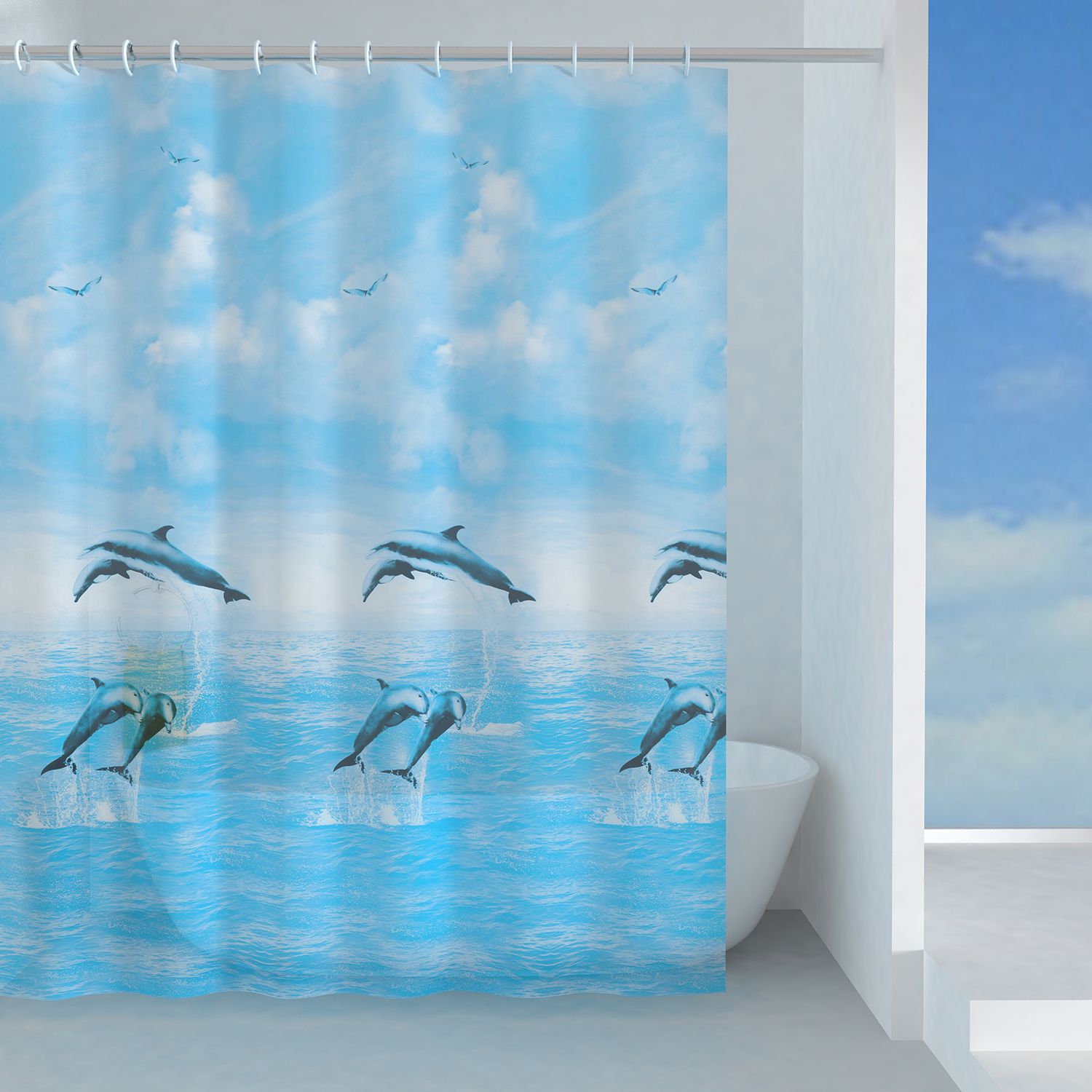 Rideau de douche Jump bleu 180 × 200 cm – Motifs dauphins