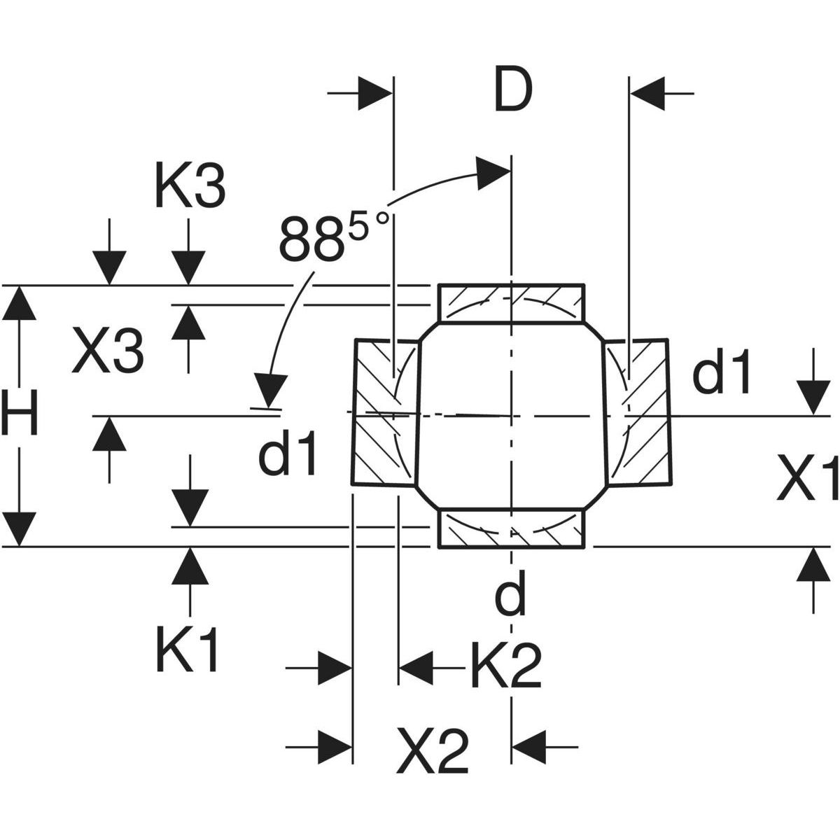 Embranchement boule 88.5° Geberit PEHD à deux départs, raccords 180° déportés : d=110mm, d1=110mm — vue 3