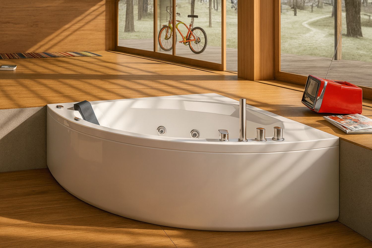 Glass corner bathtub with apron, support, and feet - Pop Series - 140 x 140 cm