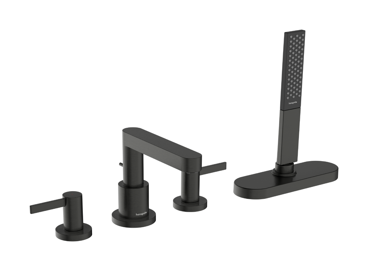4-Hole Mixer for Bathtub Rim Mounting Hansgrohe Finoris with sBox in Brushed Black Chrome