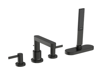 4-Hole Mixer for Bathtub Rim Mounting Hansgrohe Finoris with sBox in Brushed Black Chrome