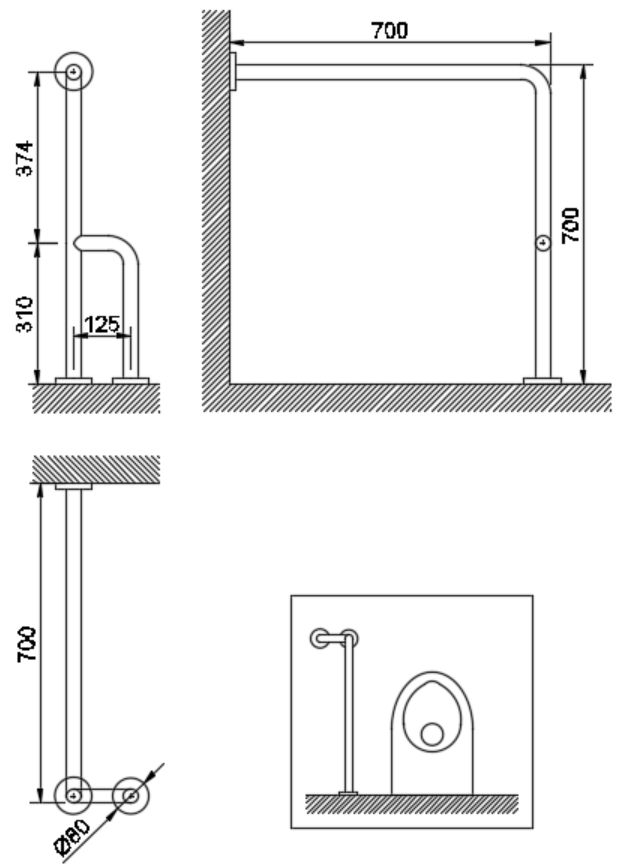 Support bar 70 cm with triple wall-floor support for people with reduced mobility Nofer in satin chrome