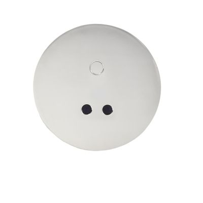 Bouton de chasse d'eau électronique Nofer, blanc, rond, avec deux trous de capteur noirs et un trou de bouton de chasse d'eau chromé.