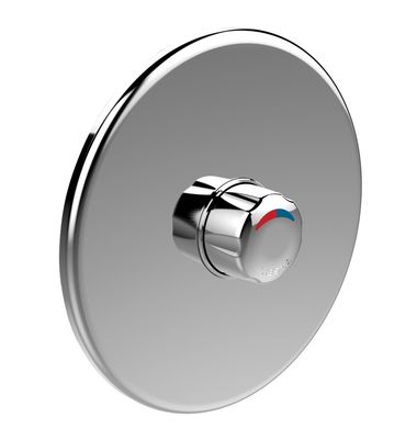 Bouton de mitigeur de douche chromé Presto Alpa avec marquages rouges et bleus sur une plaque circulaire.