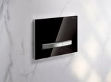 Geberit Sigma50 plaque de déclenchement, noir brillant, bandes chromé brossé, design élégant.