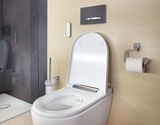 Toilettes Geberit Sigma50 avec siège et couvercle blancs, plaque de commande chromée et panneau mural gris.