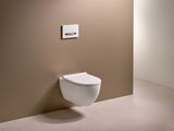 Toilettes murales Geberit Sigma50 avec céramique blanche et plaque de commande en or brossé sur mur marron.