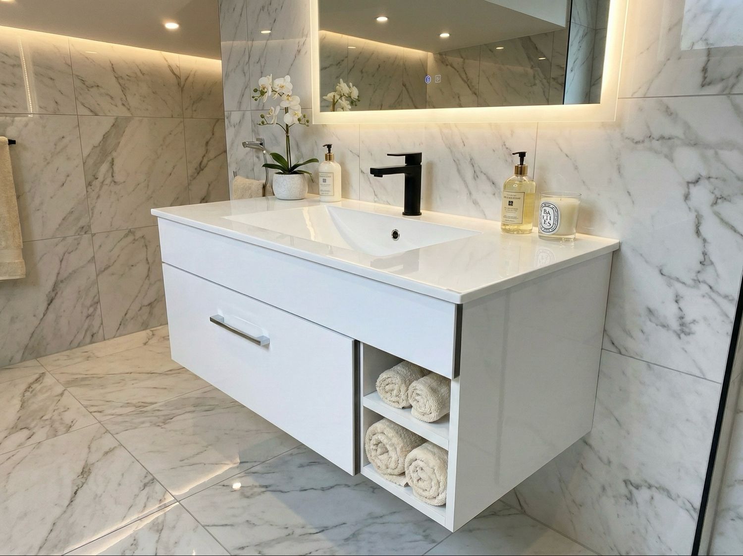 Bathroom Furniture Comete 96 cm with One Drawer and Right Niches (Without Basin)