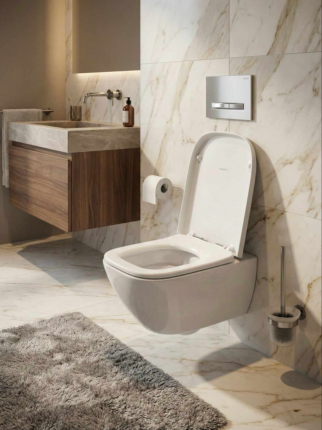 Geberit Premium Square Rimfree Wall-Hung Toilet Set with Concealed Fixings and Detachable Antibacterial Soft-Close Seat