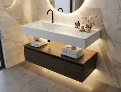 Meuble bas suspendu 120 cm pour salle de bain à deux tiroirs (sans vasque)