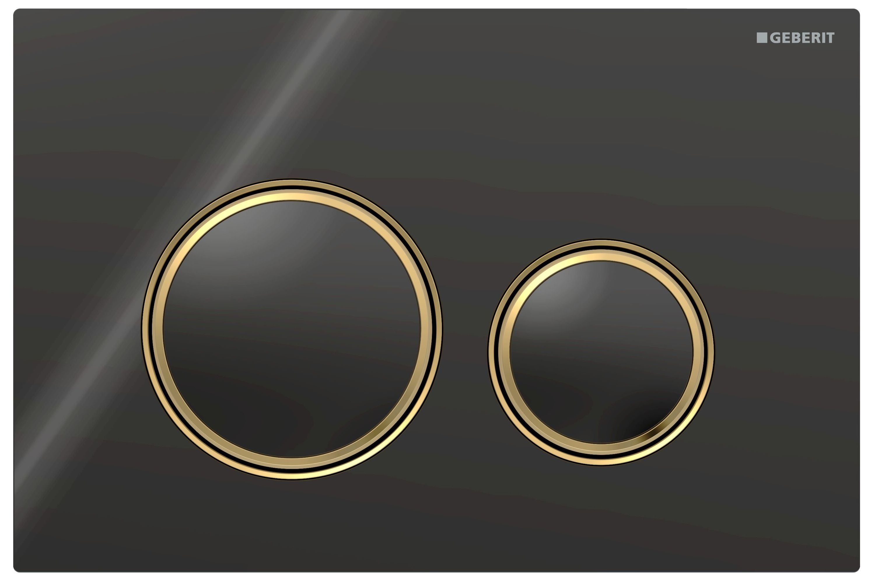 Plaque de déclenchement Geberit Sigma50 round / Verre brillant noir - anneaux design : laiton brossé / Revêtement Easy Clean + Anti-Traces de doigt