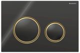 Geberit Sigma50 round plaque de déclenchement, laiton brossé, verre brillant noir, design anneaux.