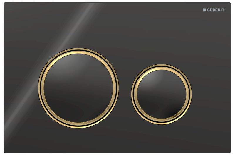 Plaque de déclenchement Geberit Sigma50 round / Verre brillant noir - anneaux design : laiton brossé / Revêtement Easy Clean + Anti-Traces de doigt