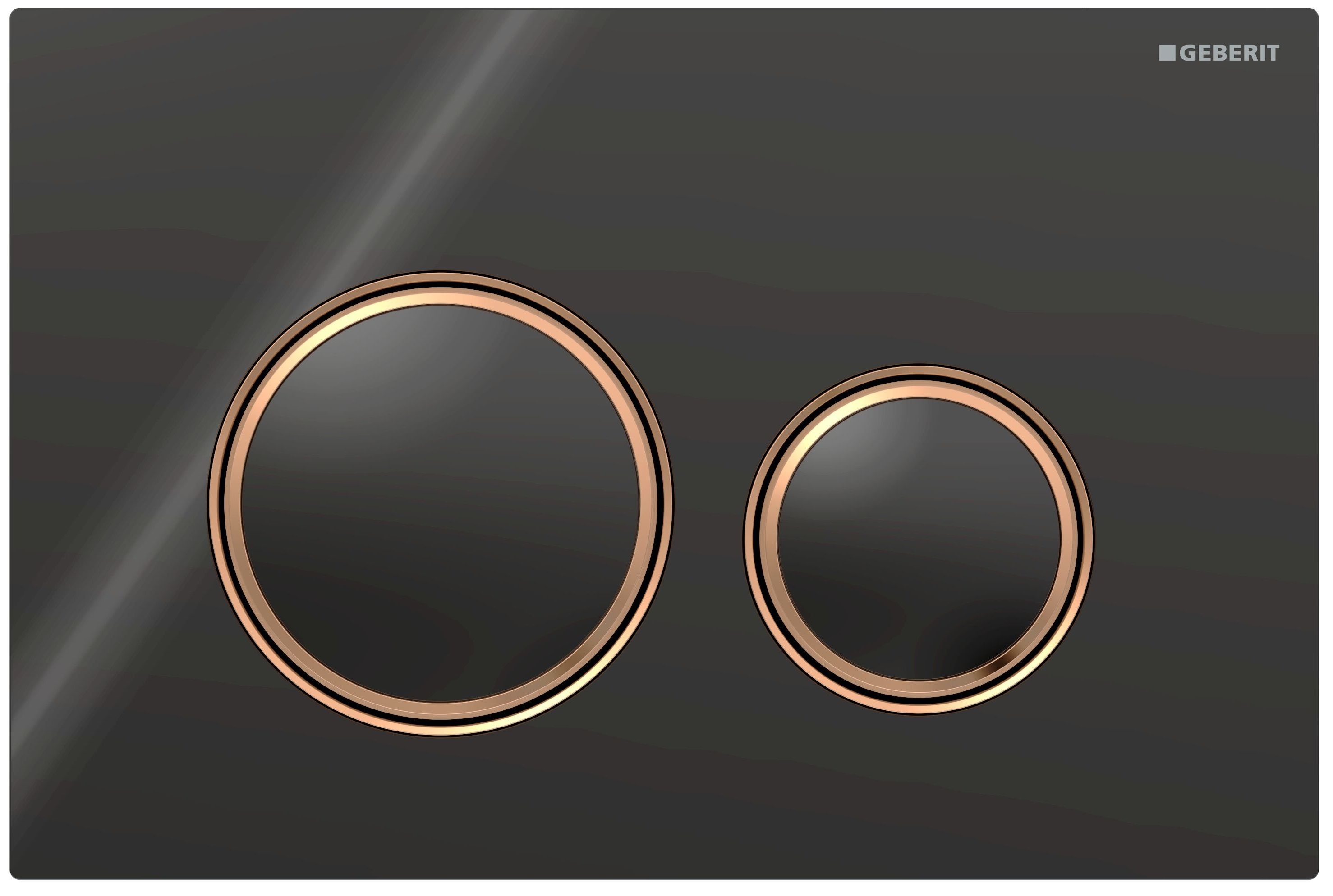 Plaque de déclenchement Geberit Sigma50 round / Verre brillant noir - anneaux design : or rouge brossé / Revêtement Easy Clean + Anti-Traces de doigt