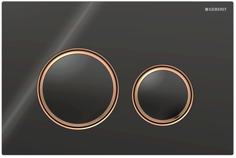 Plaque de déclenchement Geberit Sigma50 round / Verre brillant noir - anneaux design : or rouge brossé / Revêtement Easy Clean + Anti-Traces de doigt