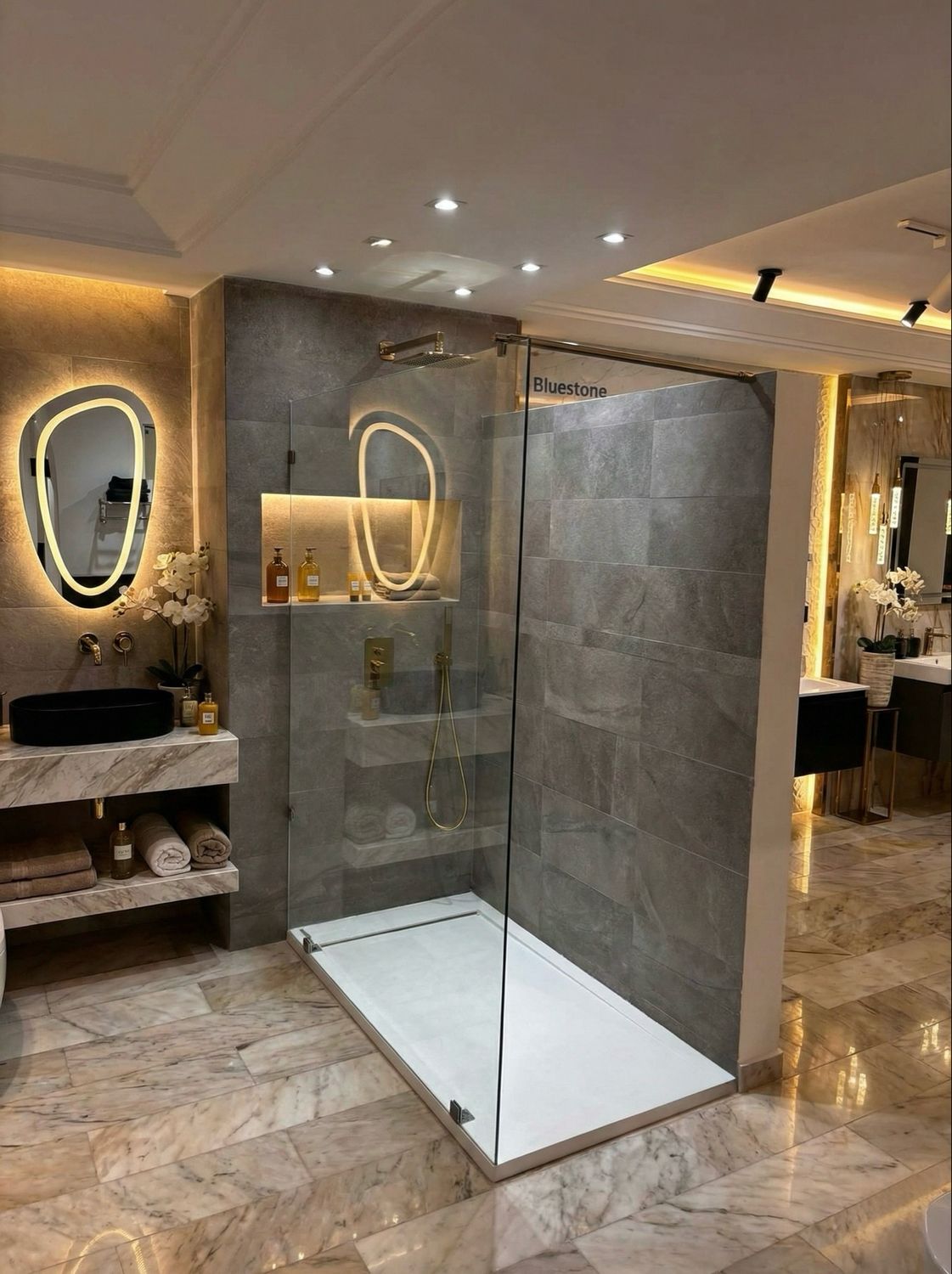 Paroi de douche Innovativ en verre trempé (Securit) d&#39;épaisseur 8 mm avec pinces et barre raidisseur en acier inoxydable chromé