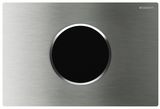 Plaque de commande électronique infrarouge Geberit Sigma10 en acier inoxydable brossé avec zone de capteur noire et garniture argentée.