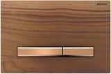 Geberit Sigma50 plaque de déclenchement en noyer américain avec bandes en or rouge brossé.