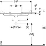 Dessin technique du Plan-vasque Geberit Smyle Square 75 cm avec dimensions et mesures.