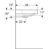 Vasque carrée en céramique Geberit Smyle de 75 cm avec trou de robinet central et trop-plein apparent.
