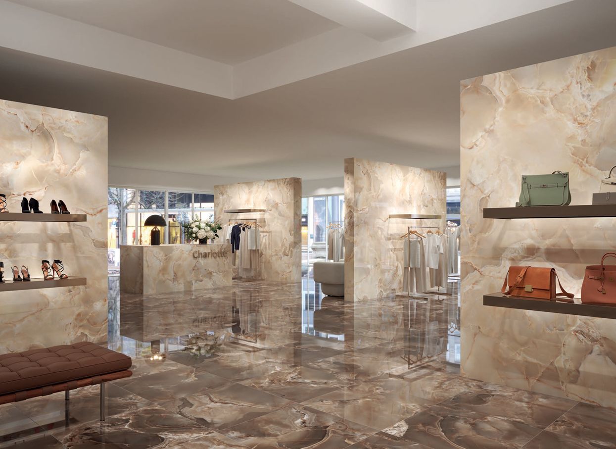 Grès cérame Tagina Onice Reale Ambra brillant 120 x 280 cm, rectifié